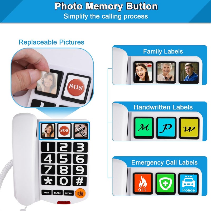 Sangyn Landline Phones for Seniors with Large Button Corded Telephone for Home with Amplified Loud Ringer Volume Adjustable One-Touch Dialing Big Button Telephones for Visually Hearing Impaired, White - Image 2